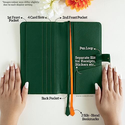 Image of NEORAH- PETITE Notebook SLEEVE with SNAP Button -[SLEEVE ONLY]|Vegan Leather|Office Diary Holder with Penloop|2 Front & 1 Back Pocket|4 Card Slots|2 BookMarks -Fits any PETITE Softcover - DARK GREEN