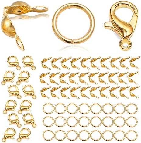450pcs Jewelry Making Accessories Set Includes 200pcs Open Jump Ring Connectors 200pcs Bead Tips Knot Covers and 50pcs Lobster Claw Clasps for Bracelet Necklace DIY Jewelry Making Supplies (Gold)
