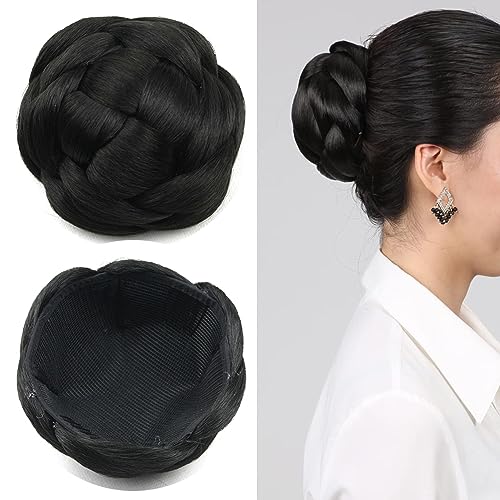 Funyn Synthetic Hair Chignon Scrunchie Natural Hair Braided Bun Donut Hairpieces Clip in Hair Bun Extensions Updo Space Bun for Women Beauty (Black)