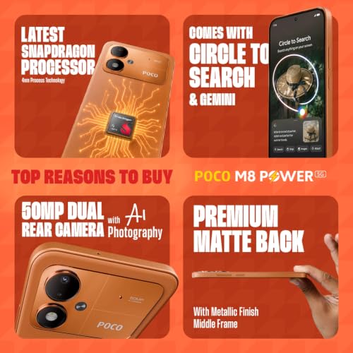 Image of POCO M8 Power 5G (Blaze Orange, 6GB RAM, 128GB Storage) | 6.99 Inch Full HD+ AMOLED Display | Snapdragon Gen 4 Processor | 50MP Rear Camera | 8MP Front Camera | 8000mAh Battery