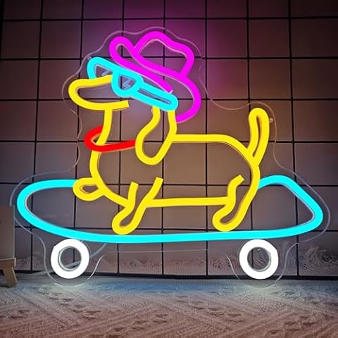 Ajoyferris Skateboard Dog Neon Sign Dog Neon Lights for Wall Decor Dimmable Animal Led Signs for Bedroom Cool Dachshund Neon Light Sign Decoration for Pet Shop Party Bar Cover