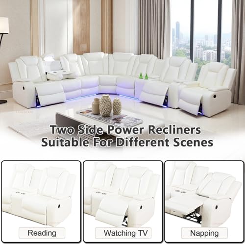 Image of Leather Power Recliner Sectional Sofa Set with LED Lights, L Shaped Reclining Sectional Couch and Chair, Breathing Leather Sofa Set with Coffee Table /USB Port for Living Room