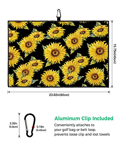 Microfiber Waffle Golf Towel, Vintage Farm Floral Abstract Sunflowers Golf Accessories, Wet And Dry Amphibian Golf Towel With Carabiner Clip For Golf Bag, Club, Sports, 24” X 16” #TOP2