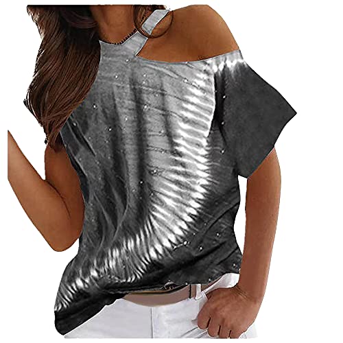 Elesoon Camiseta de verano para mujer, talla grande, con hombros descubiertos y rayas étnicas bohemias de manga corta, cuello halter, A-gris., 38