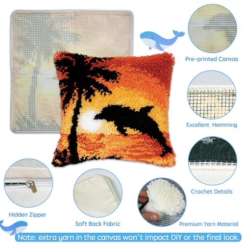 Image of ZFFLYH Sunset Dolphin Latch Hook Pillow Kits for Adults Pre-Printed Cushion | Home Sofa Cushion Cover Preprinted Canvas Crochet Yarn Kits Needlework Crafts Festival Gift for Adults Beginner 17X17 Inch