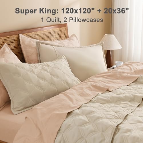 Image of Litanika Oversized King Quilt Bedding Set, 3 Pcs Oatmeal Bedspreads Set