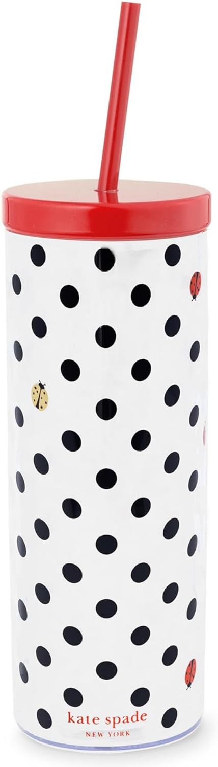 kate spade new york Acrylic Tumbler with Lid and Straw, 24 oz Tumbler, Slim Double Wall Tumbler (Ladybug Dot)