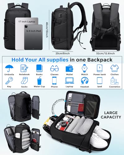 30L Travel Backpack for Men, Flight Approved Carry on Backpack Fits 17 inch Laptop, Water-resistant Large Luggage Weekender Bag Daypack for Traveling, Sports, Business, Black2