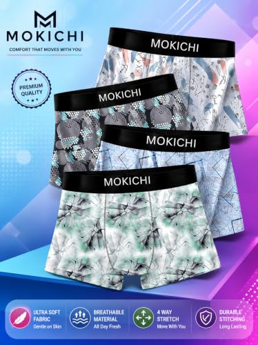 Image of Men's Printed Trunks | Boxer Brief Underwear with Broad Elastic Waistband and Contoured Pouch | Multicolour, Pack of 4