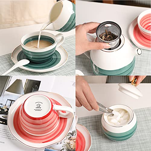 Sweejar Porcelain Tea Sets, 8 OZ Cups & Saucer Service for 4, Teapot Sugar Bowl Cream Pitcher Teaspoons and Tea Strainer for Adult Tea Coffee Afternoon Party (Jade)