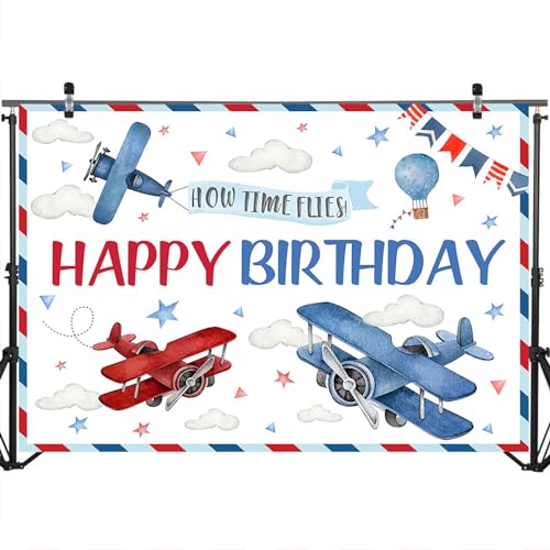 Fondo cumpleaños avión rojo y azul 7x5 pies miniatura 4
