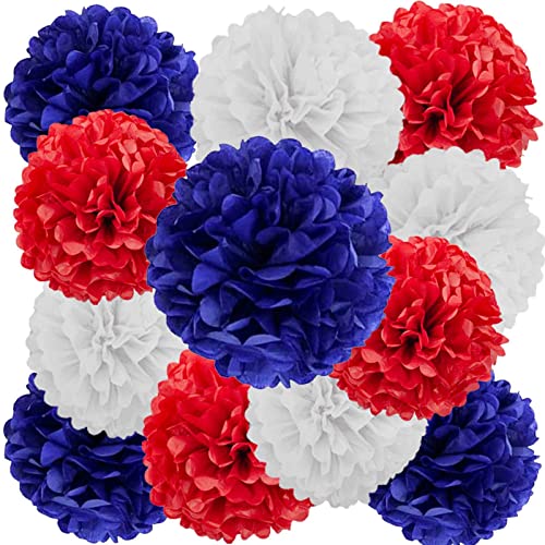 Image of We Moment Red, Blue and White Paper Pom Poms Decorations for 4th Fourth of July,Independence Day Patriotic Decorations, Red Blue and White Ceiling Wall Hanging Tissue Flowers Decorations 12pcs