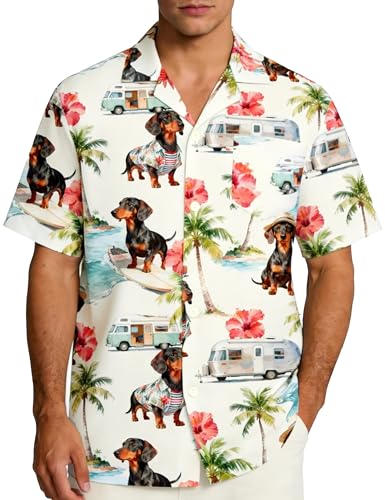 EoBeKee Mens Hawaiian Shirt Short Sleeve Button Down Dachshund Dog Print Tropical Funny Beach Shirts for Summer Party