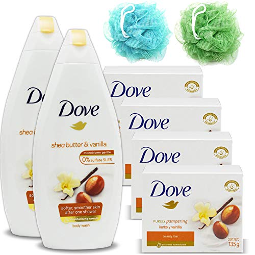Dove Body Wash Kit: 2 17 Oz Dove Shea Butter And Vanilla Moisturizing Liquid Shower Bodywash for women & 4 Pack 4.75 Oz Shea Butter And Vanilla Bar Soap & Aqua & Green Loofah Bath Sponge Puff