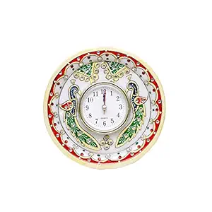 Anjali Arts Decorative Round Marble Clock for Home | Table Top Handicraft Home Decor Peacock Watch with Rajasthani Meenakari Work for Office (Multicolor, 14.5x4.5x14.5 cm)