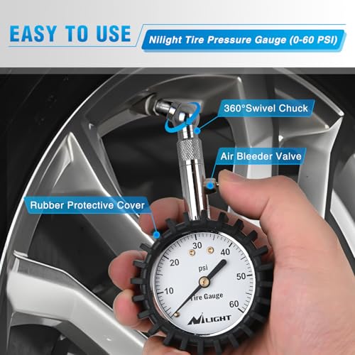 Image of Nilight Tire Pressure Gauge 60PSI Heavy Duty Stainless Steel Air Chucks ANSI B40.1 Certified Large 2 inch Dial Wheel Service Checker for Truck Semi Truck ATV Motorhome Cars & RV Accessories
