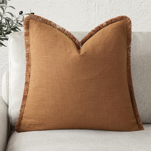 Image of Foindtower Decorative Linen Fringe Throw Pillow Covers Cozy Boho Farmhouse Cushion Cover with Tassels Soft Accent Pillowcase for Chair Sofa Bed Living Room Home Decor, 22x22 Inch,1PC,Orange