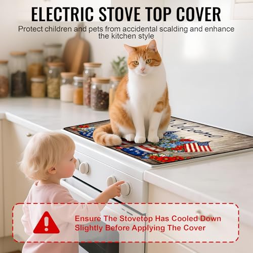 Image of Stove Top Covers for Electric Stove, Glass Stove Top Cover 28.5x20.5 in | Heat Resistant, Non-slip, Use on Electric or Ceramic Stove Protector, Dish Drying Mat, Country Floral and Flag Kitchen Decor