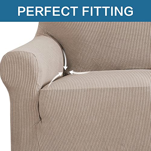 Stretch Couch Cover Loveseat Covers For 2 Cushion Couch Loveseat Slipcover|Sofa Cover For Loveseat 1 Piece With Elastic Bottom, Textured Checked Jacquard Fabric(Loveseat 58"-70" Wide, Sand) #TOP3