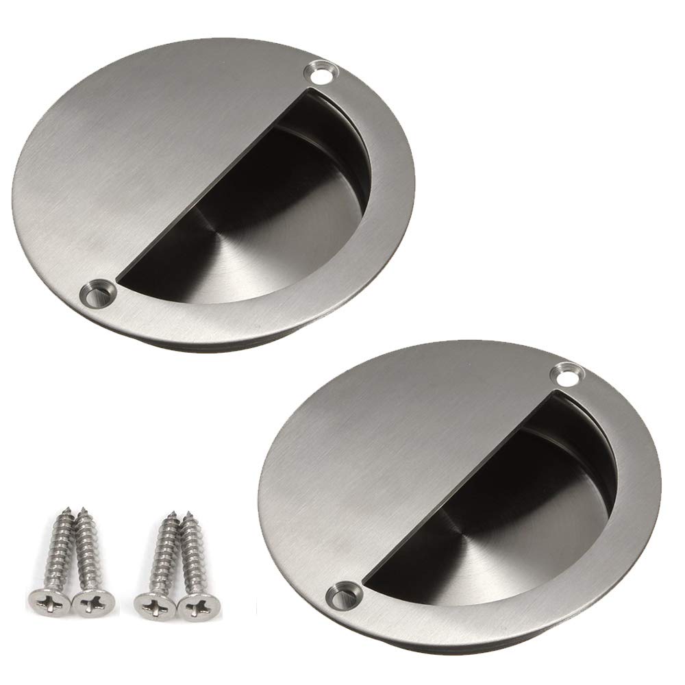 2 Packs Recessed Sliding Door Pull Handles, 90mm Stainless Steel Round Flush Finger Cabinet Pull Handles with Fixing Screws