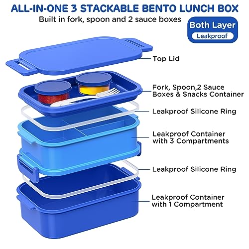 Image of DaCool Bento Box Adults Lunch Container - 74 OZ Stackable Leakproof Bento Lunch Box for Adults Men Boys Teens Large Lunch Box Containers with Fork Spoon Sauce Boxes for Work School Dining Out, Blue