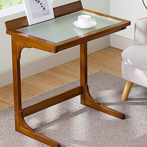 Mesa auxiliar, moderna mesa de centro con parte superior de cristal y marco de madera, escritorio versátil para dormitorio, oficina, uso al aire libre y balcón