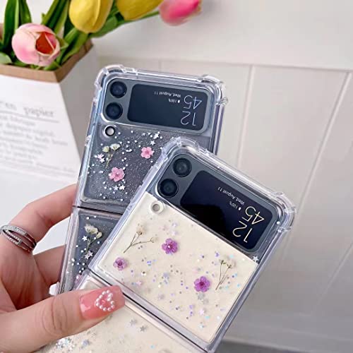 Samsung Galaxy Z Flip 3 Real Flower Case, Ytanazing Soft Clear Flexible Rubber Pressed Dried Flowers Case Girls Glitter Floral Protective Phone Cover For Galaxy Z Flip 3 (Yellow Flowers) #TOP3