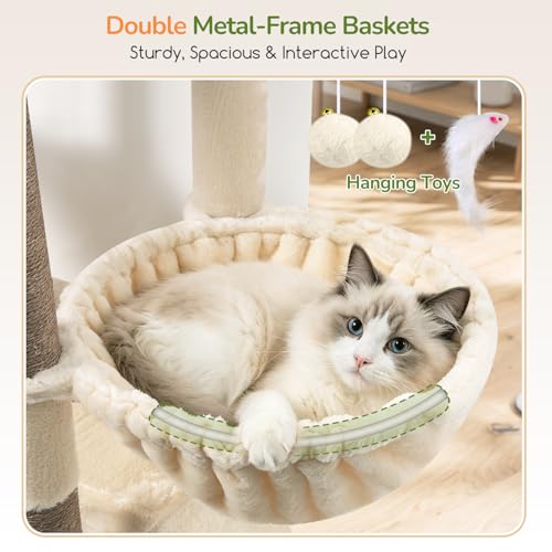 Image of Globlazer Extra Tall Large Cat Tree, 84in Multi-Level Cat Climbing Tower for Indoor Cats Large Adult, Widened Condo with Scratch Board, 7 Scratching Posts, Padded Perch, Metal Basket, S84E, Beige