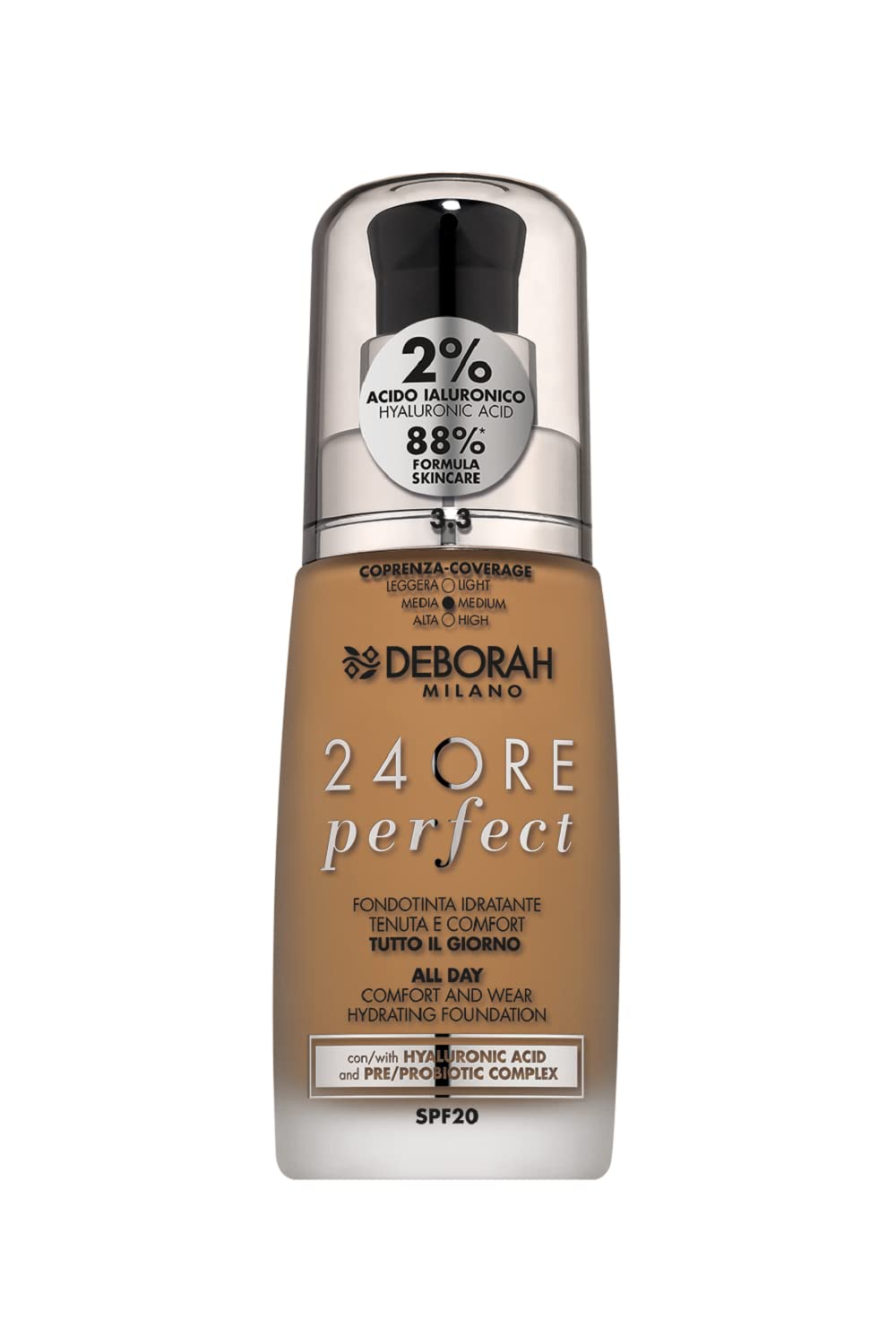 Deborah Milano24 Hours Liquid Foundation Perfect Moisturising SPF 20, N.3.3 Gold, 30.0 Millilitres, 1
