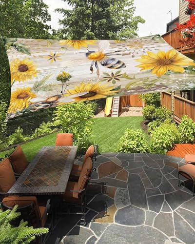 OComster 6.5' x 10' Sun Shade Sail, Bee Sunflower Farmhouse Rectangle Patio Shade Canopy, Vintage Floral Brown Wooden Waterproof Outdoor UV Block Sunshade for Garden Porch Deck Backyard Playground