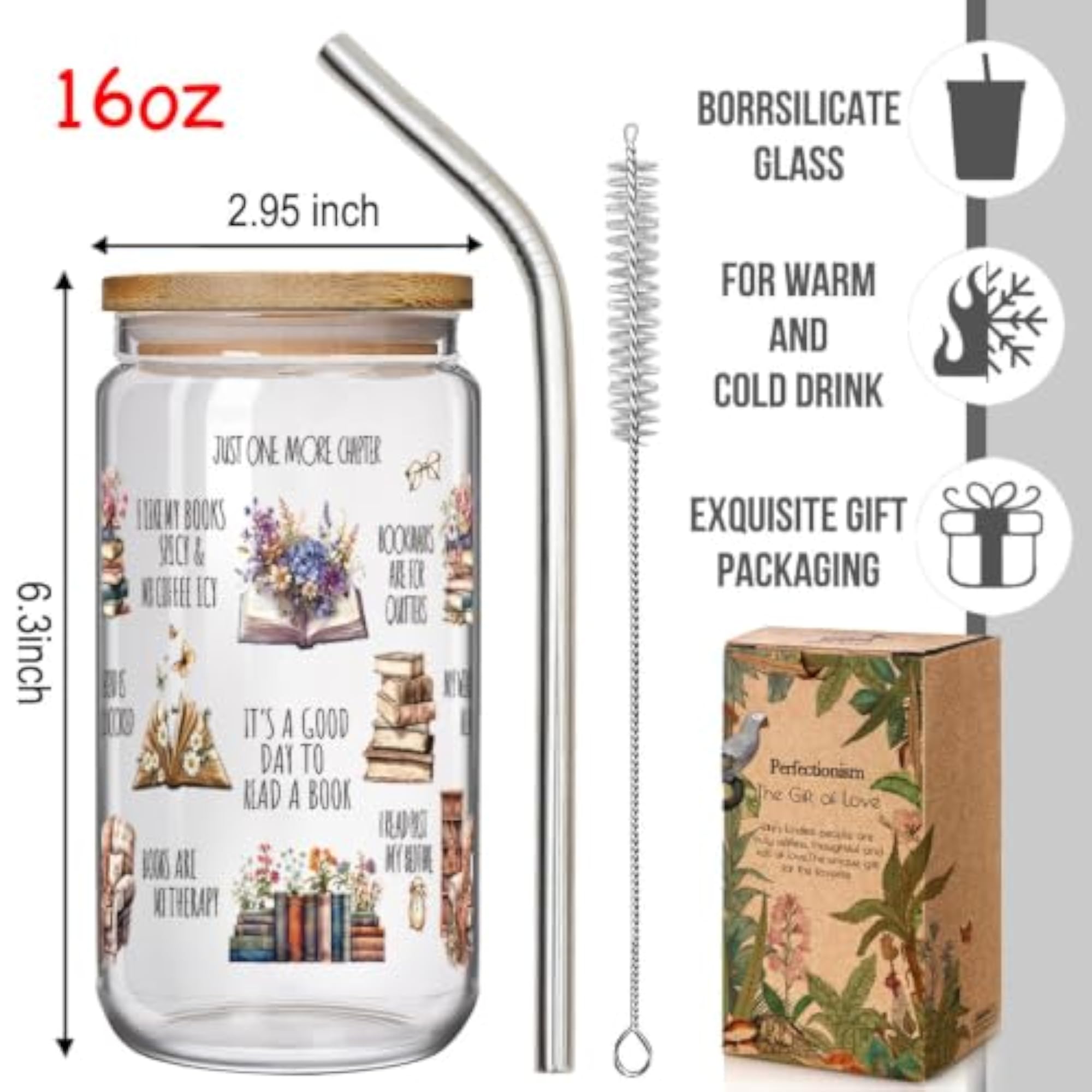 Funny Book Lovers Glass Cup with Lid and Straw