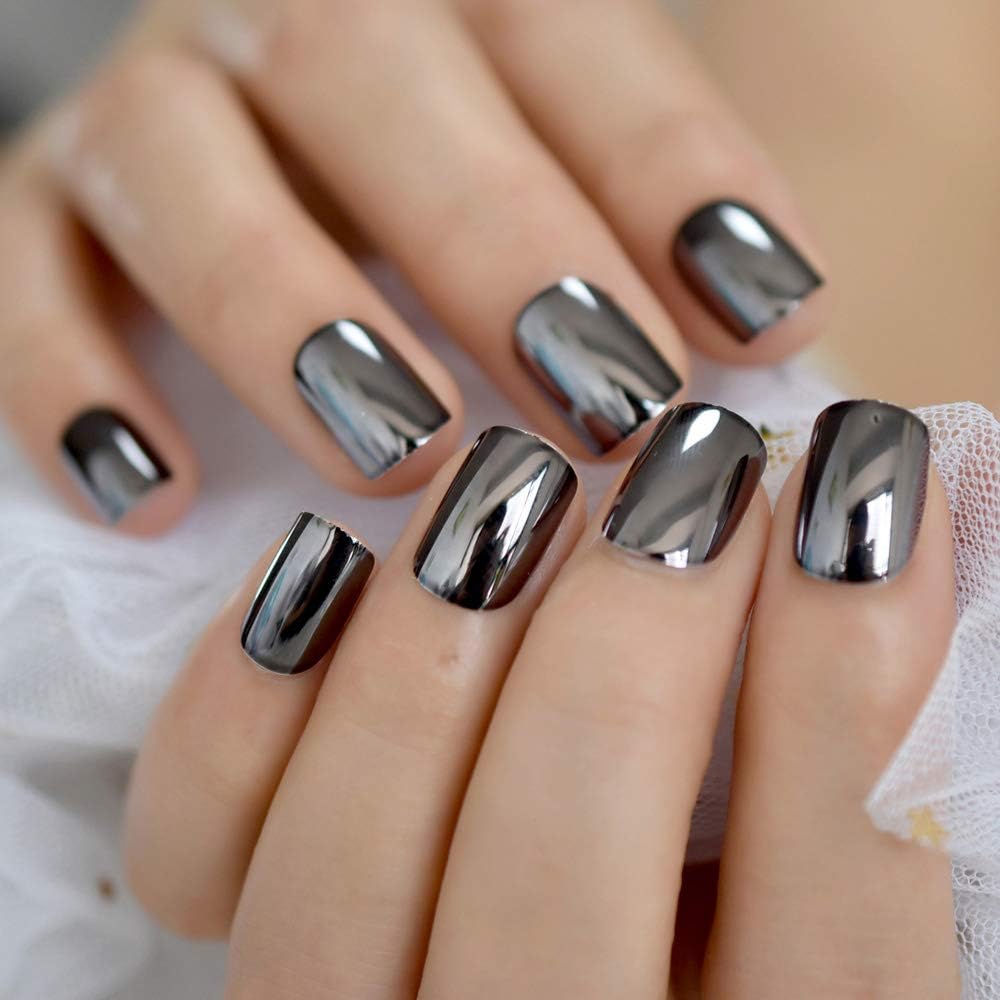 Dark Smoky Gray Reflective Mirror Metal Plating False French Acrylic Nail Tips Punk Metallic Square Fake Nails With Glue Sticker