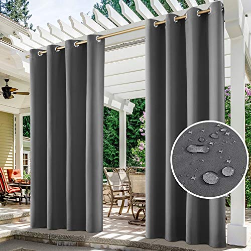 HOMEIDEAS 2 Panels Grey Outdoor Curtains for Patio Waterproof, 52 X 84 Inch Blackout Outdoor Curtains, Thermal Insulated Gray Outdoor Patio Curtains for Porch/Pergola/Yard/Sliding Door/Arbor