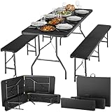 tectake® Ensemble de Table Pliante Camping ou de Pique Nique et 2X Banc de Jardin en Acier Aspect Rotin, Compacte Table a Manger Tables à tapisser avec Poignée de Transport idéal Brocante