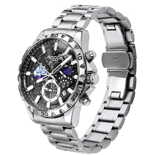 Image of ROCOSJEWE R0916 Men's Quartz Watch with Blue and Black Dial, Stainless Steel Strap, Date, Moon Phase and Luminous Hands