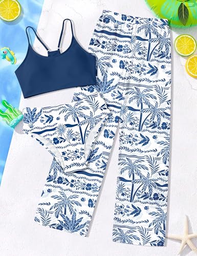 Image of NECIOUS Girls Swimsuit, 3 Piece Bikini Bathing Suit Tropical Floral Swimwear with Cover Up Pants 7-16Y