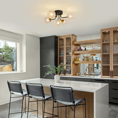 Image of Semi Flush Mount Ceiling Light Black 5-Lights Sputnik Ceiling Light Mid Century Modern Clear Glass Globe Close to Ceiling Light for Bedroom Kitchen Entryway Closet