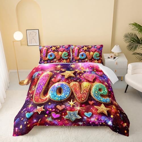 Image of QOOMO Colorful Love Kids Bedding Set,Cartoon Stars Print Comforter Set Queen Size for Boys Girls Room Decoration,Soft Lightweight Bed Set All Season,1 Comforter Set 2 Pillowcases
