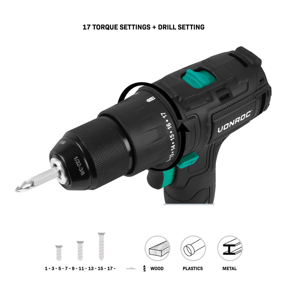 VONROC Taladro Atornillador Eléctrico PRO 20V con Motor Brushless – 40Nm, Sin Batería ni Cargador