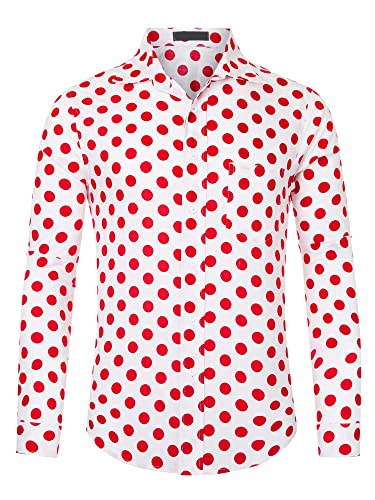 Lars Amadeus Chemise habillée à pois pour homme, chemise décontractée à manches longues boutonnée, Rouge, XXL