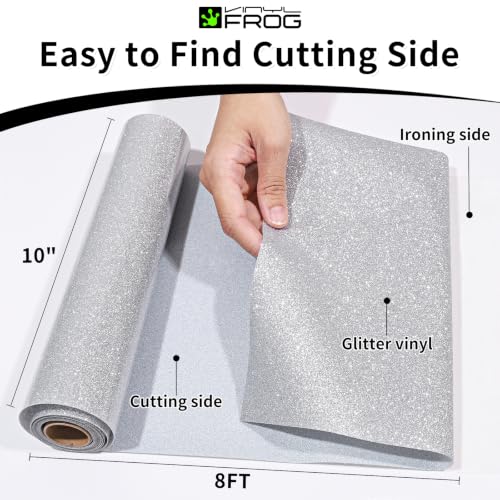 Image of VINYL FROG Silver Glitter HTV Vinyl Roll 10'' x 8ft Silver Glitter Iron on Vinyl for All Cutting Machine Sparkly Heat Transfer Vinyl for T-Shirts & DIY Craft Gifts, Easy to Cut, Weed & Transfer