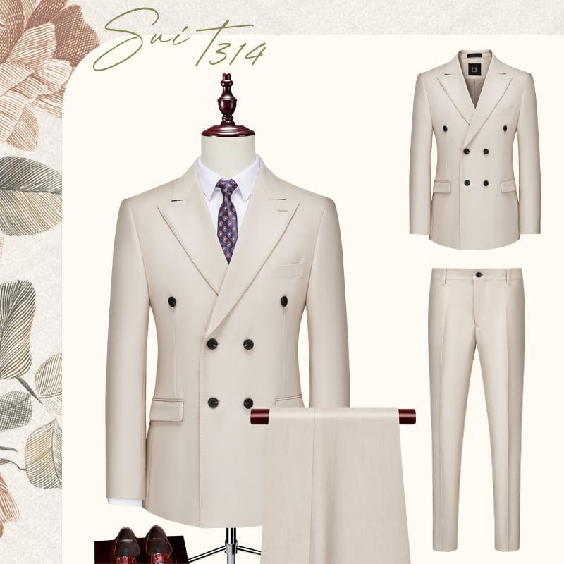 Men's Double-Breasted Suit Set, 2-Piece Slim Fit, Peak Lapel Blazer with Dress Pants4
