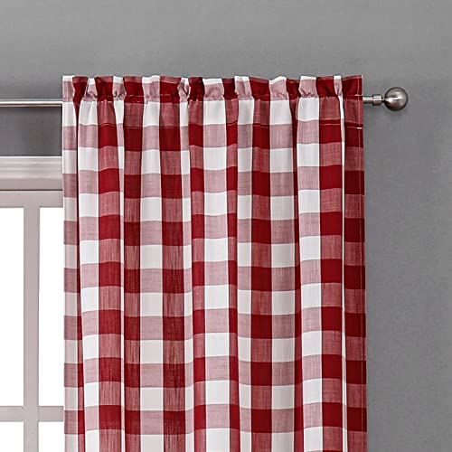 Red Buffalo Check Window Curtain Panel 84 Inch Length, Buffalo Gingham Check Geometric Rod Pocket Window Treatment, Rustic Farmhouse Drapes For Bedroom & Living Room, 2 Panels, 27"X84", Red/White #TOP1