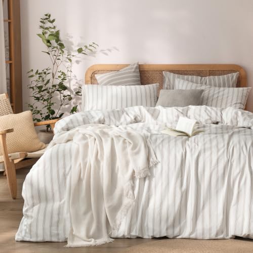 Image of BESTOUCH Striped Cotton Duvet Cover Set Linen Feel Super King Plus | 100% Washed Cotton, Soft Wrinkle Texture, Hidden Zipper, 8 Ties, Breathable Lightweight Durable Comfy, 3 Pcs No Insert