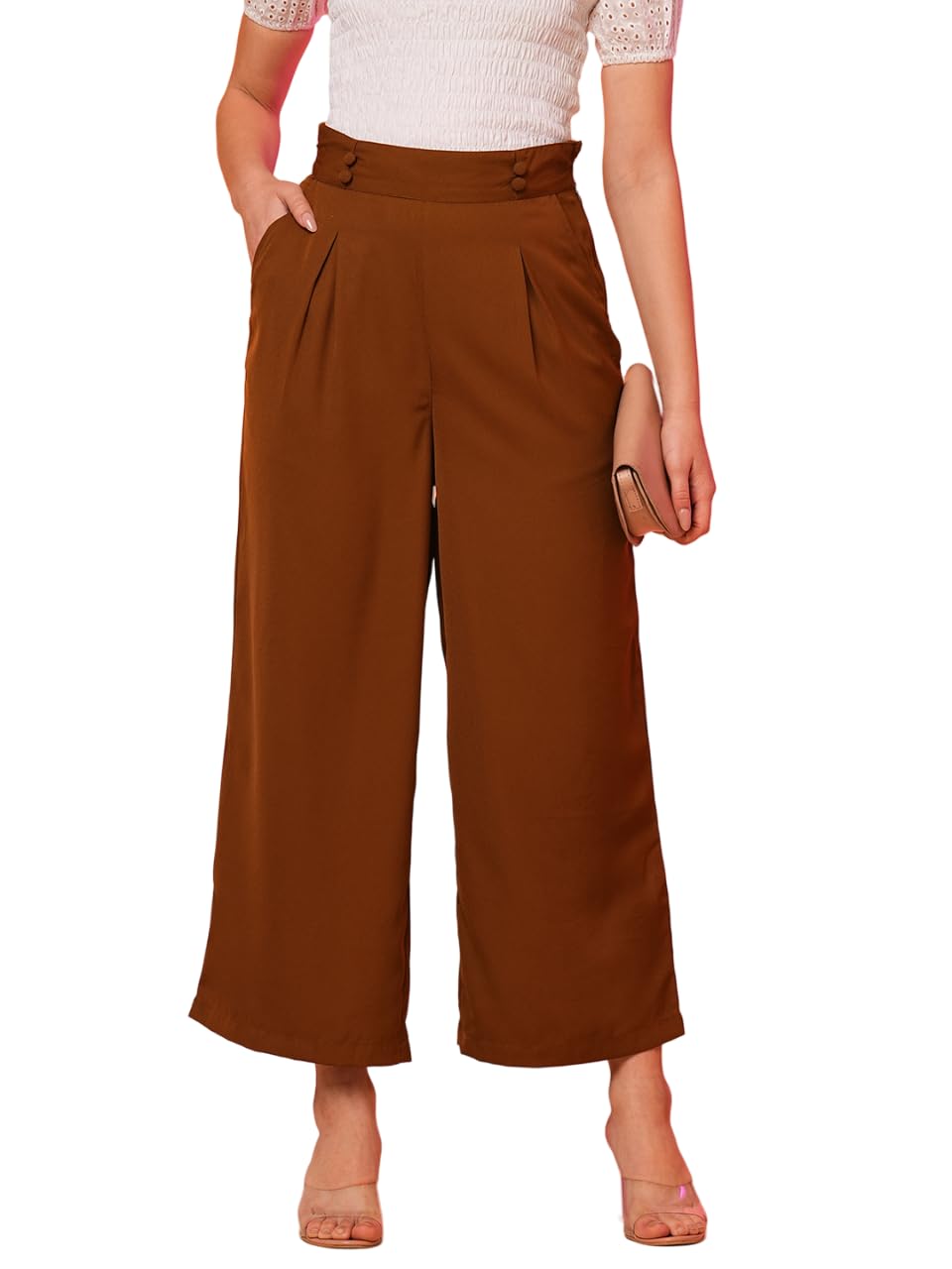 globus Women High Rise Pleated Back Frilled Waist Wide Leg Workwear Trousers-picture-26