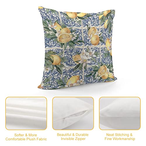 Rurals Mediterranean Lemon Pattern On Ceramic Tile Decorative Pillow Covers Cozy Soft Throw Pillowcase Square Couch Cushion Cover For Home Decor Sofa Living Room Bed Car 18X18 Inch #TOP2