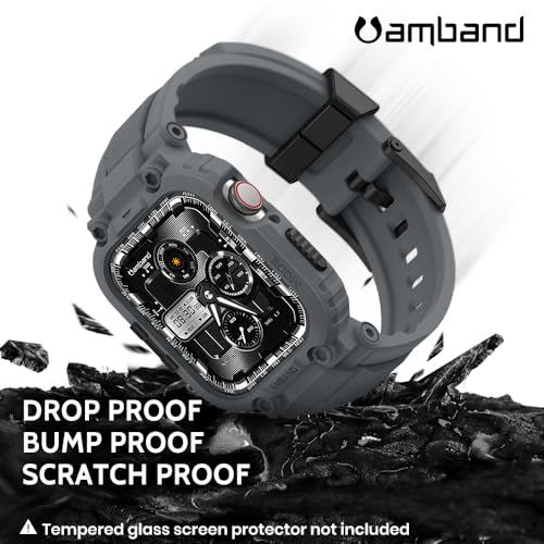 Image of amBand Bands Compatible with Apple Watch 9 /8 /7 45mm, M1 Sport Series Rugged Case with TPU Strap Military Protective Tough Cover Bumper for iWatch SE3 /SE2 /SE /6 /5 /4 44mm Men Gray