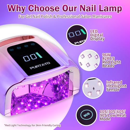 Image of Purtato Professional Rechargeable 96W UV LED Portable Cordless UV Light for Nail Lamp Machine with Removable Stainless Steel Bottom,4 Timer Setting and Smart Sensor Nail Dryer (Gradient Purple)