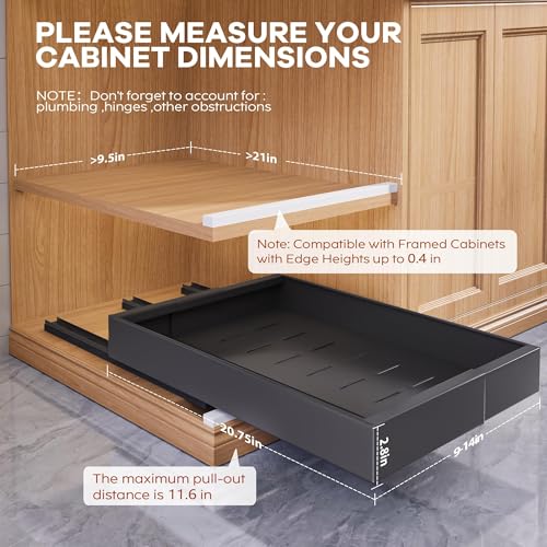 4 Pack Expandable Width (9"-14.1") Pull Out Cabinet Organizer 21" Deep with Raising Pad for Framed Cabinets, Upgrade 3 Slide Rails Slide Out Drawers, Roll Out Shelves Adhesive, Black