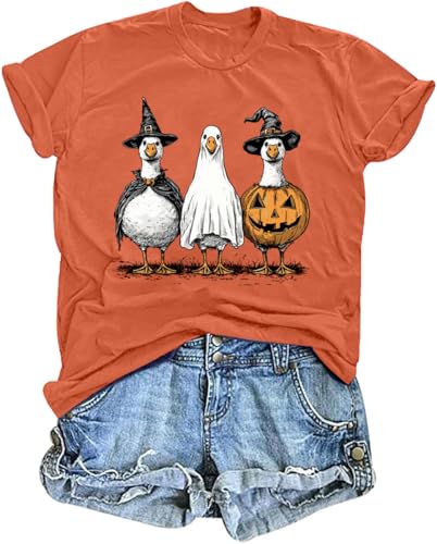 Fall Pumpkin Shirts Women Family Halloween Thanksgiving Tops Cute Autumn Thankful Pumpkin Fall Graphic Tees(Goose/Orange,XL)